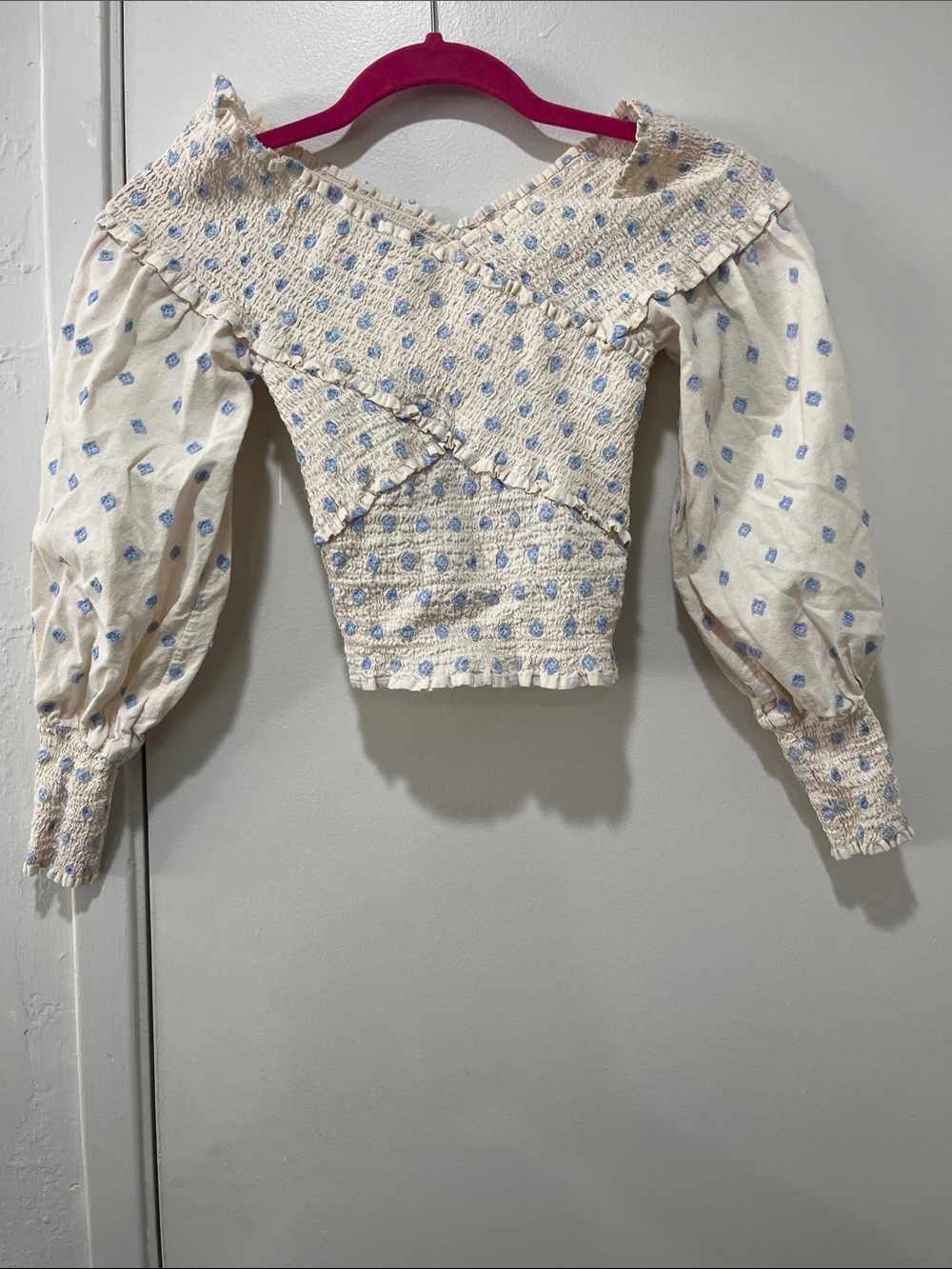 BB Dakota by Steve Madden Cream Smocked Crop Top with Light Blue Dot Print